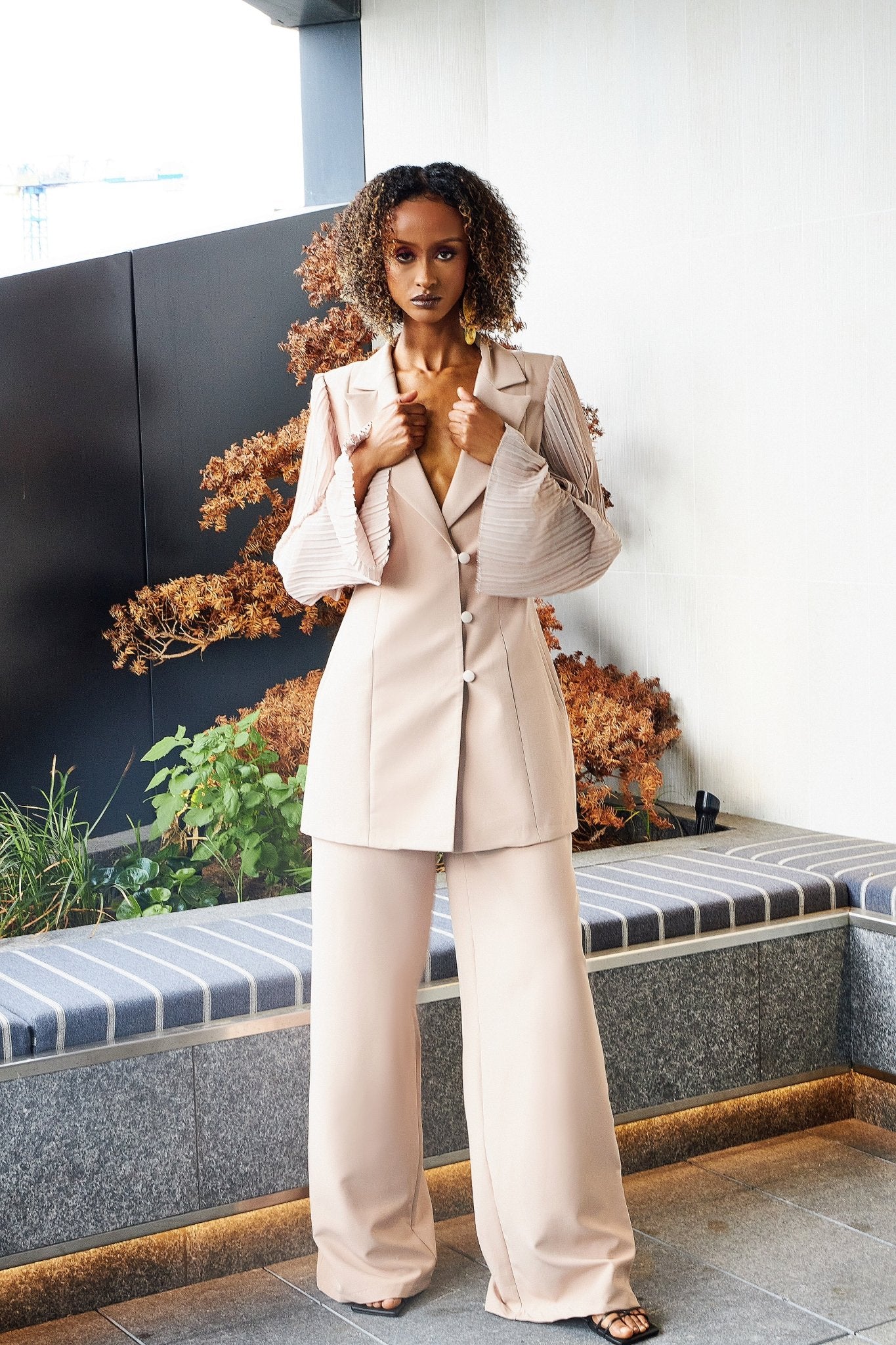 Beige Blazer Trouser Suit for Women, Business Casual Outfit, Beige Pantsuit  for Women, Wide Leg Pants With High Rise, Tall Women Pantsuit 